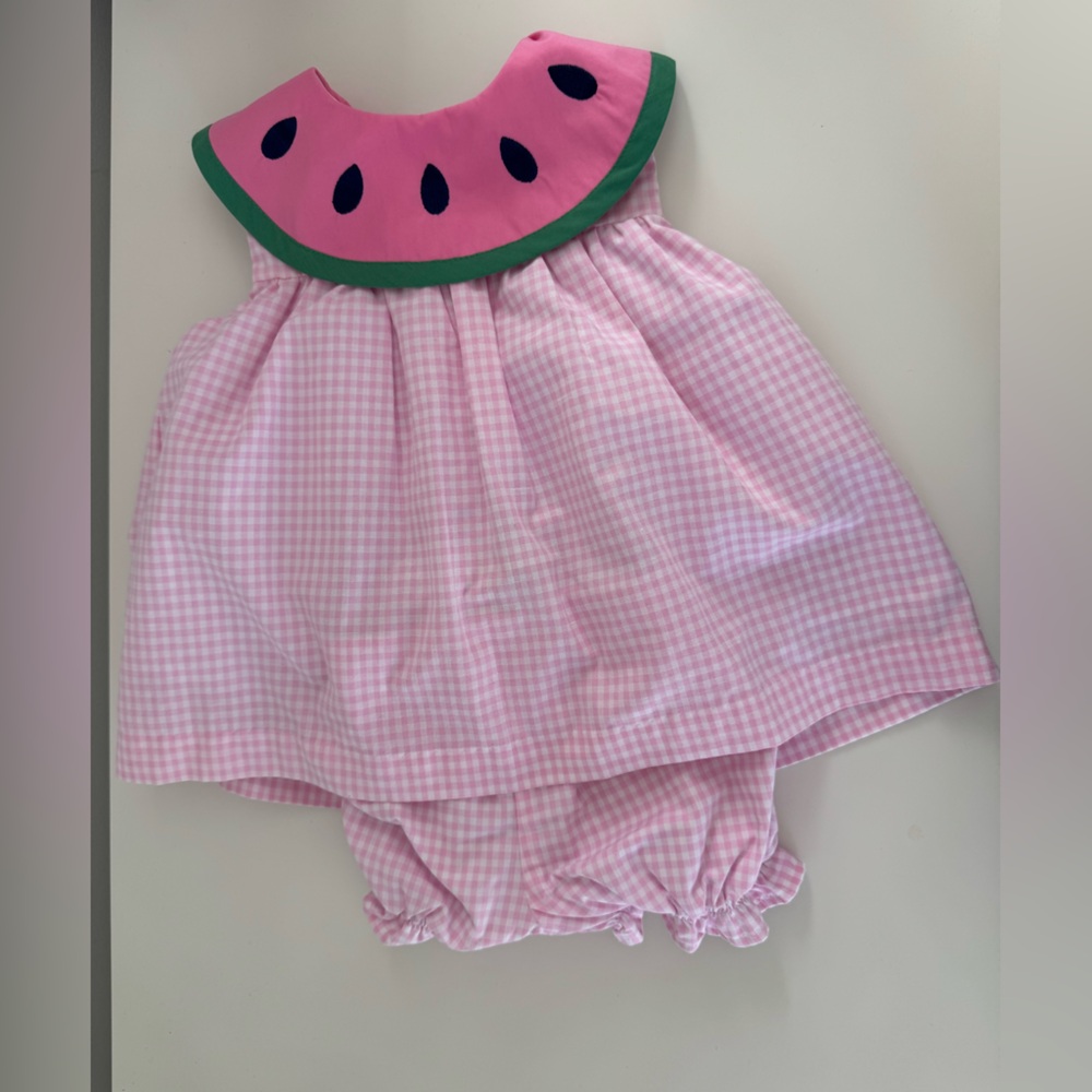 The Beaufort Bonnet Company Pink Gingham Watermelon Bib Dress